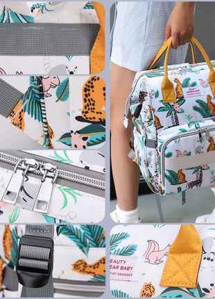 Baby Diaper Backpack 25L Waterproof – Insulated Bottle Pockets + Tissue Slot + Stroller Straps – Safari Animal Print
