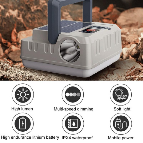 Rechargeable Solar LED Camping Light with 300LM Flood Lamp, Flashlight, USB-C Charging, 1200mAh Battery & Hook