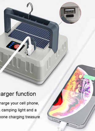 Rechargeable Solar LED Camping Light with 300LM Flood Lamp, Flashlight, USB-C Charging, 1200mAh Battery & Hook