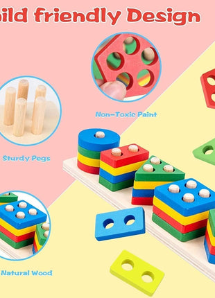Wooden Shape Sorting Toy Board – 21-Piece Eco-Friendly Set – Color Learning & Fine Motor – Multicolor