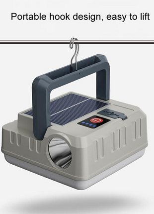 Rechargeable Solar LED Camping Light with 300LM Flood Lamp, Flashlight, USB-C Charging, 1200mAh Battery & Hook