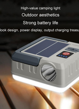 Rechargeable Solar LED Camping Light with 300LM Flood Lamp, Flashlight, USB-C Charging, 1200mAh Battery & Hook