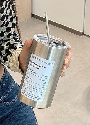 Thermal Insulated Coffee Cup 600ml – 304 Stainless Steel Inner – Vacuum Seal Lid – Reusable Metal Straw – Silver
