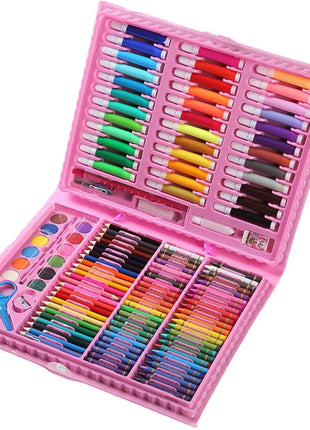 Portable 150-piece art kit with markers, crayons, pastels, paints, and tools in a durable ABS carry case. For ages 6+, available in blue or pink.