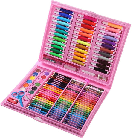 Portable 150-piece art kit with markers, crayons, pastels, paints, and tools in a durable ABS carry case. For ages 6+, available in blue or pink.