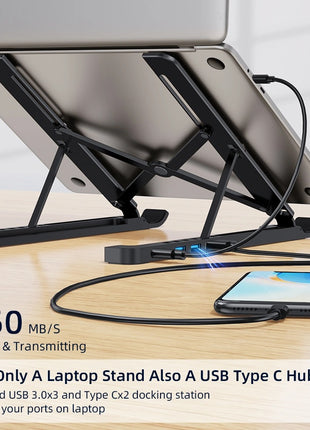 Adjustable Laptop Stand Docking Station 7-17" – Aluminium USB-C Hub with 5 Ports – Foldable, 7 Heights, Non-Slip