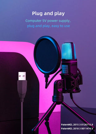 USB Condenser Microphone – 5V Plug & Play – Omnidirectional – Carbon Steel Gooseneck – RGB Lighting – Black