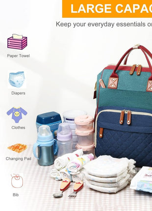 Diaper Bag Backpack 16.5" – Waterproof Oxford Baby Bag with Changing Station, USB Port, 18 Pockets