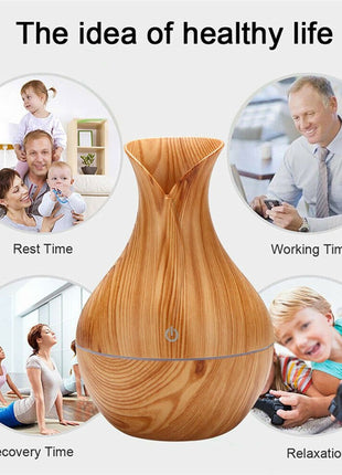 130ml Wood Pattern Ultrasonic Humidifier – USB 5V Mist Diffuser with 7 Color LED Light
