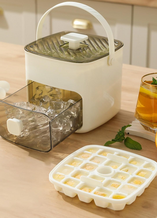 Portable Stackable Ice Cube Tray with Storage Bin & Tongs, 2-Layer Freezer Ice Maker, One-Touch Ice Release, Compact Ice Storage System