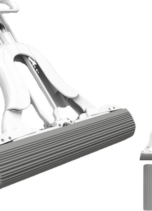 PVA Sponge Mop 28cm Head with Fold-Squeeze Wringing – Adjustable Stainless Handle 95–124cm – Off-White/Grey