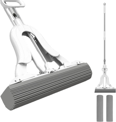 PVA Sponge Mop 28cm Head with Fold-Squeeze Wringing – Adjustable Stainless Handle 95–124cm – Off-White/Grey