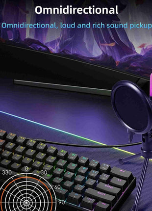 USB Condenser Microphone – 5V Plug & Play – Omnidirectional – Carbon Steel Gooseneck – RGB Lighting – Black
