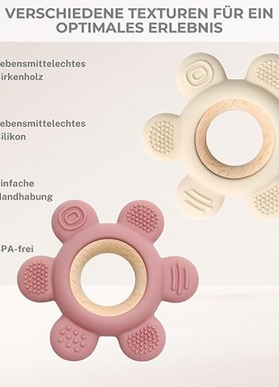 Silicone Teether Ring for Babies – 6 Multi-Texture Chew Points + Natural Wood Grip – Pastel Multicolour