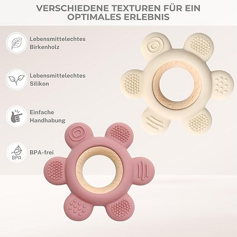 Silicone Teether Ring for Babies – 6 Multi-Texture Chew Points + Natural Wood Grip – Pastel Multicolour