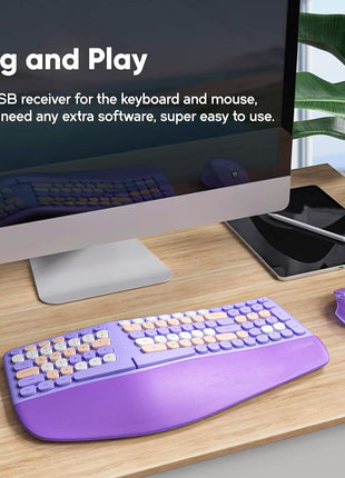 Wireless Ergonomic Keyboard and Mouse Combo, PU Wrist Rest, 101 Keys, 3-DPI Optical Mouse