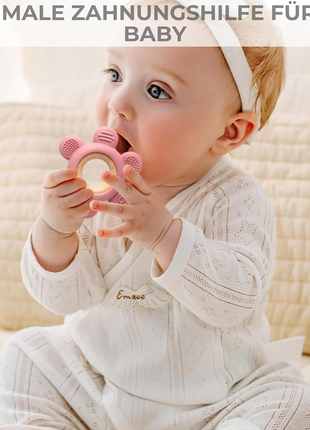 Silicone Teether Ring for Babies – 6 Multi-Texture Chew Points + Natural Wood Grip – Pastel Multicolour