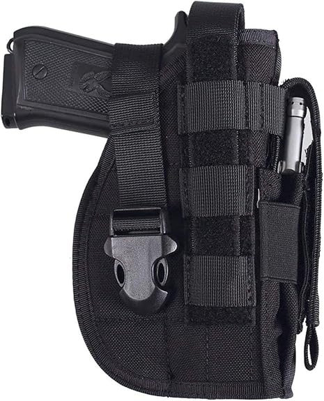 Tactical Pistol Holster Medium – Right Hand MOLLE Fit 600D Nylon with Mag Pouch – Black