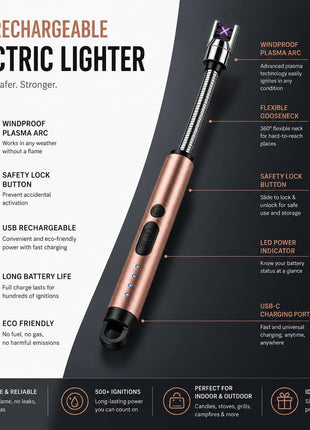 Electric Arc Lighter – 29.5cm Flexible USB Rechargeable – Windproof Safety Ignition with LED Indicator