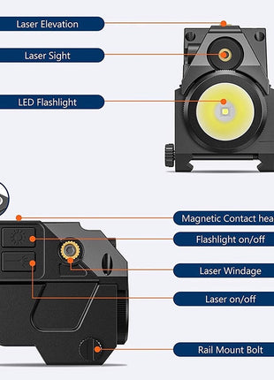 Tactical Flashlight Laser Sight Combo 5W LED – Adjustable Windage/Elevation – Quick Rail Mount – Black