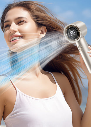 Handheld Fan 3-Speed Portable with Digital Display, Vortex Airflow, USB-C Rechargeable, Champagne