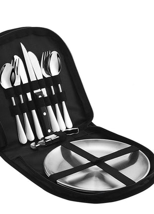 10 Piece Camping Picnic Cutlery & Tableware Set 10‑Piece – Stainless Finish & Carry Bag