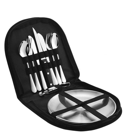 10 Piece Camping Picnic Cutlery & Tableware Set 10‑Piece – Stainless Finish & Carry Bag