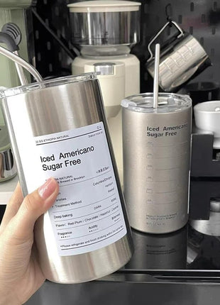 Thermal Insulated Coffee Cup 600ml – 304 Stainless Steel Inner – Vacuum Seal Lid – Reusable Metal Straw – Silver