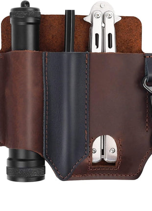 Leather Belt Organizer 13 × 18 cm – 3-Slot EDC Tool Pouch with Key Clip – Compact Carry Sheath