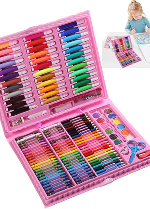 Portable 150-piece art kit with markers, crayons, pastels, paints, and tools in a durable ABS carry case. For ages 6+, available in blue or pink.