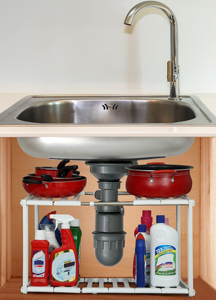 Adjustable 2-Tier ABS Under-Sink Organiser Shelf, 50–70 cm Expandable Storage Rack for Kitchen or Bathroom