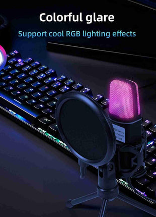 USB Condenser Microphone – 5V Plug & Play – Omnidirectional – Carbon Steel Gooseneck – RGB Lighting – Black