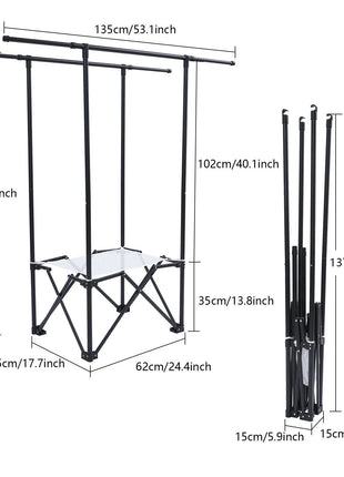Foldable Clothes Drying Rack 135cm – Iron Frame with Wheels, Sock Clips & Net Bag – Black