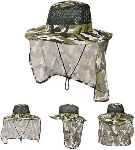 Outdoor Fishing Hat 58cm UV Protection Polyester Wide Brim with Removable Neck Flap – Camouflage