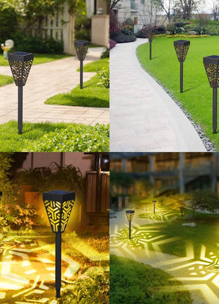 6 pcs Solar Flame Torch Light with Decorative Shadow Pattern, ABS Plastic Outdoor Stake Lamp,Warm Garden Path Light