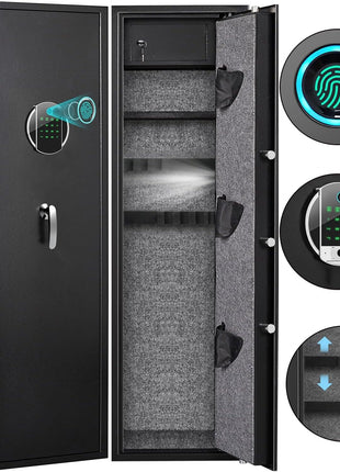 Rifle Gun Safe 57 Inch – Biometric Steel Cabinet for 5–6 Rifles & 3 Pistols – LED, Dual Alarm, Shelf, Wall/Floor Mount