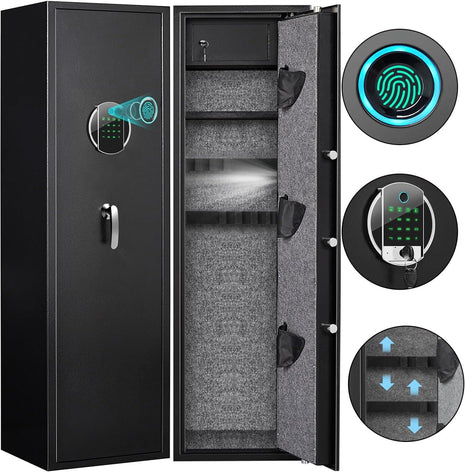 Rifle Gun Safe 57 Inch – Biometric Steel Cabinet for 5–6 Rifles & 3 Pistols – LED, Dual Alarm, Shelf, Wall/Floor Mount
