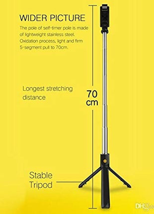 Selfie Stick Tripod 71cm Stainless Steel – Wireless Bluetooth Remote + LED Fill Light