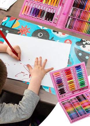 Portable 150-piece art kit with markers, crayons, pastels, paints, and tools in a durable ABS carry case. For ages 6+, available in blue or pink.