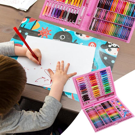 Portable 150-piece art kit with markers, crayons, pastels, paints, and tools in a durable ABS carry case. For ages 6+, available in blue or pink.
