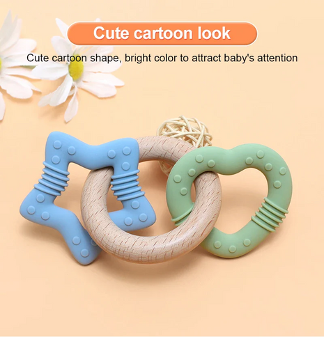Baby Teether Ring – Food-Grade Silicone & Beechwood – Star & Heart Shapes – Multicolour