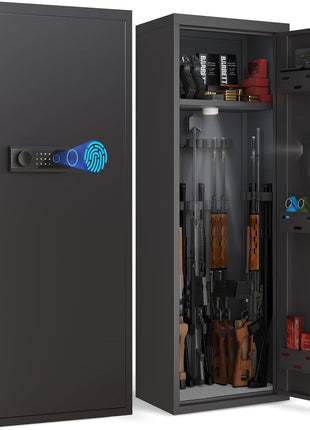 Rifle Gun Safe 57 Inch – Biometric Steel Cabinet for 5–6 Rifles & 3 Pistols – LED, Dual Alarm, Shelf, Wall/Floor Mount