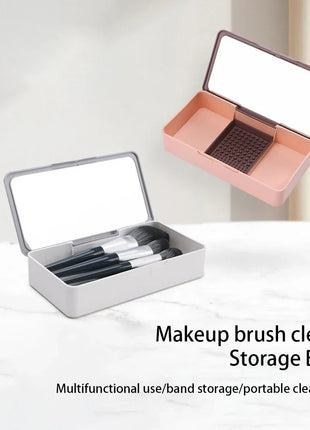 Makeup Brush Storage Box 21.7cm with Mirror and Cleaning Pad – Pink ABS 2-in-1 Cosmetic Organizer
