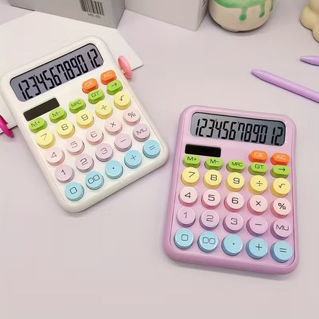 12-Digit Solar Calculator – Pastel Dopamine Design – Large Buttons – Classroom & Office Use Pink