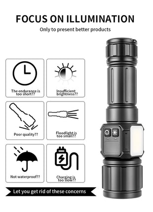 LED Flashlight 3500m Range – 9 Light Modes + Zoom – 3000 mAh Rechargeable Battery – Power Bank – Magnetic Base – Black