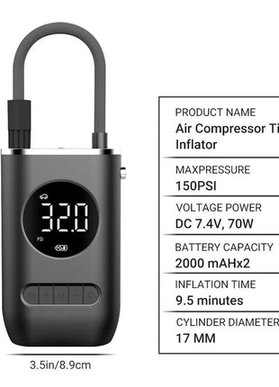 Cordless Mini Air Compressor 150 PSI – 4000mAh Rechargeable Tyre Inflator with LED Light, USB-C – Digital Pump for Car, Bike, Ball