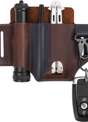 Leather Belt Organizer 13 × 18 cm – 3-Slot EDC Tool Pouch with Key Clip – Compact Carry Sheath