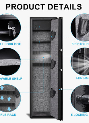 Rifle Gun Safe 57 Inch – Biometric Steel Cabinet for 5–6 Rifles & 3 Pistols – LED, Dual Alarm, Shelf, Wall/Floor Mount