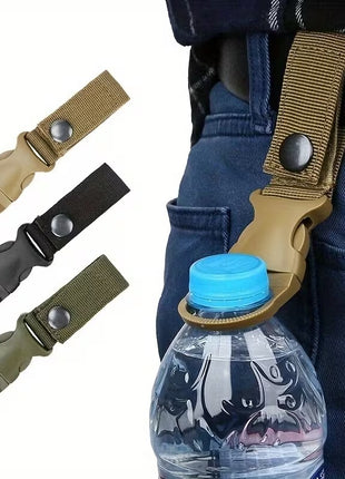 Water Bottle Holder Clip 13.5cm Nylon with Carabiner and Velcro Strap – Fits 27mm Bottles – Khaki/Black/Green