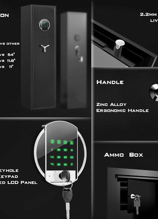 Rifle Gun Safe 57 Inch – Biometric Steel Cabinet for 5–6 Rifles & 3 Pistols – LED, Dual Alarm, Shelf, Wall/Floor Mount